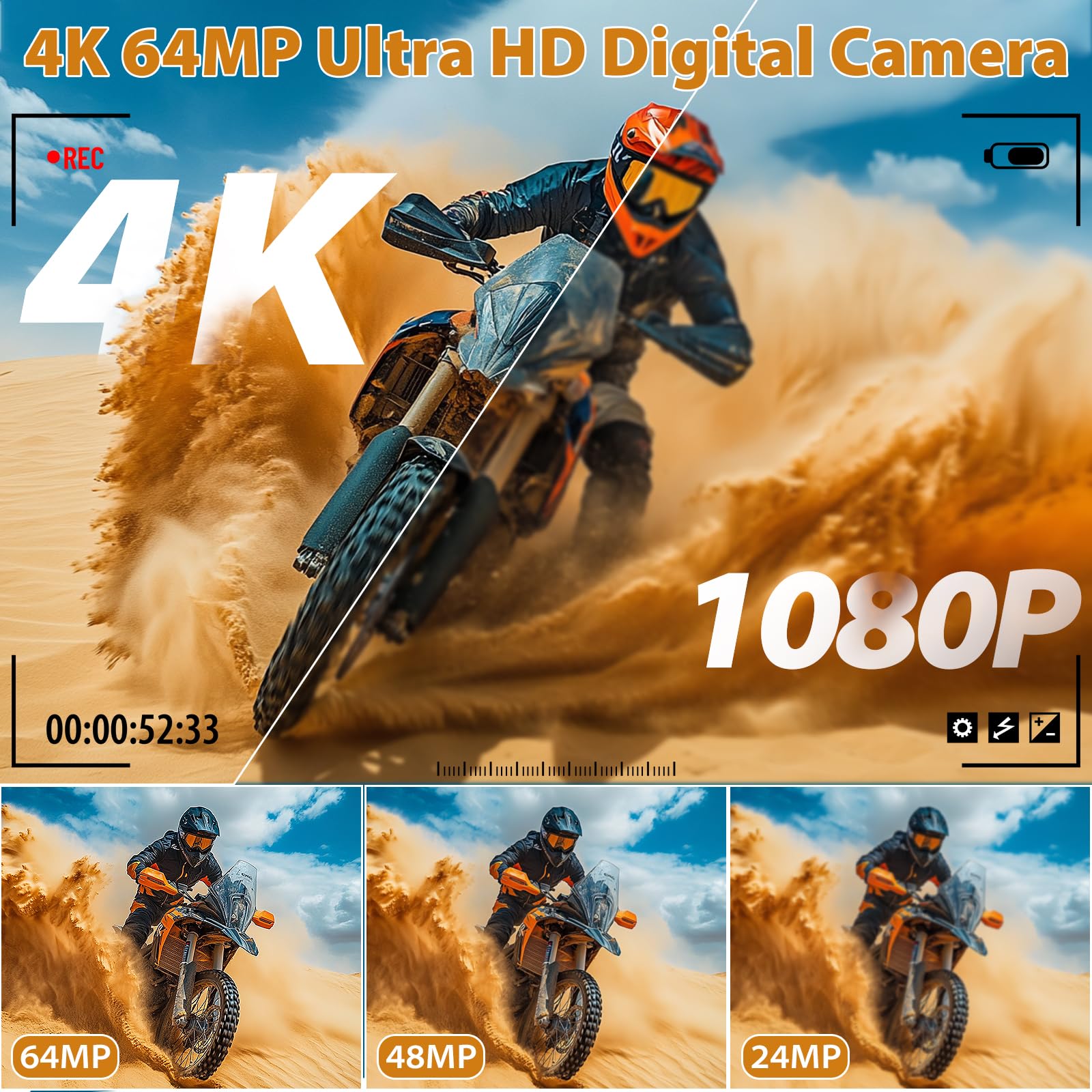 Cameras For Photography, 4K 64Mp Digital Vlogging Camera For Youtube With 3'' 180? Flip Screen, Compact Wifi Camera With 18X Dig